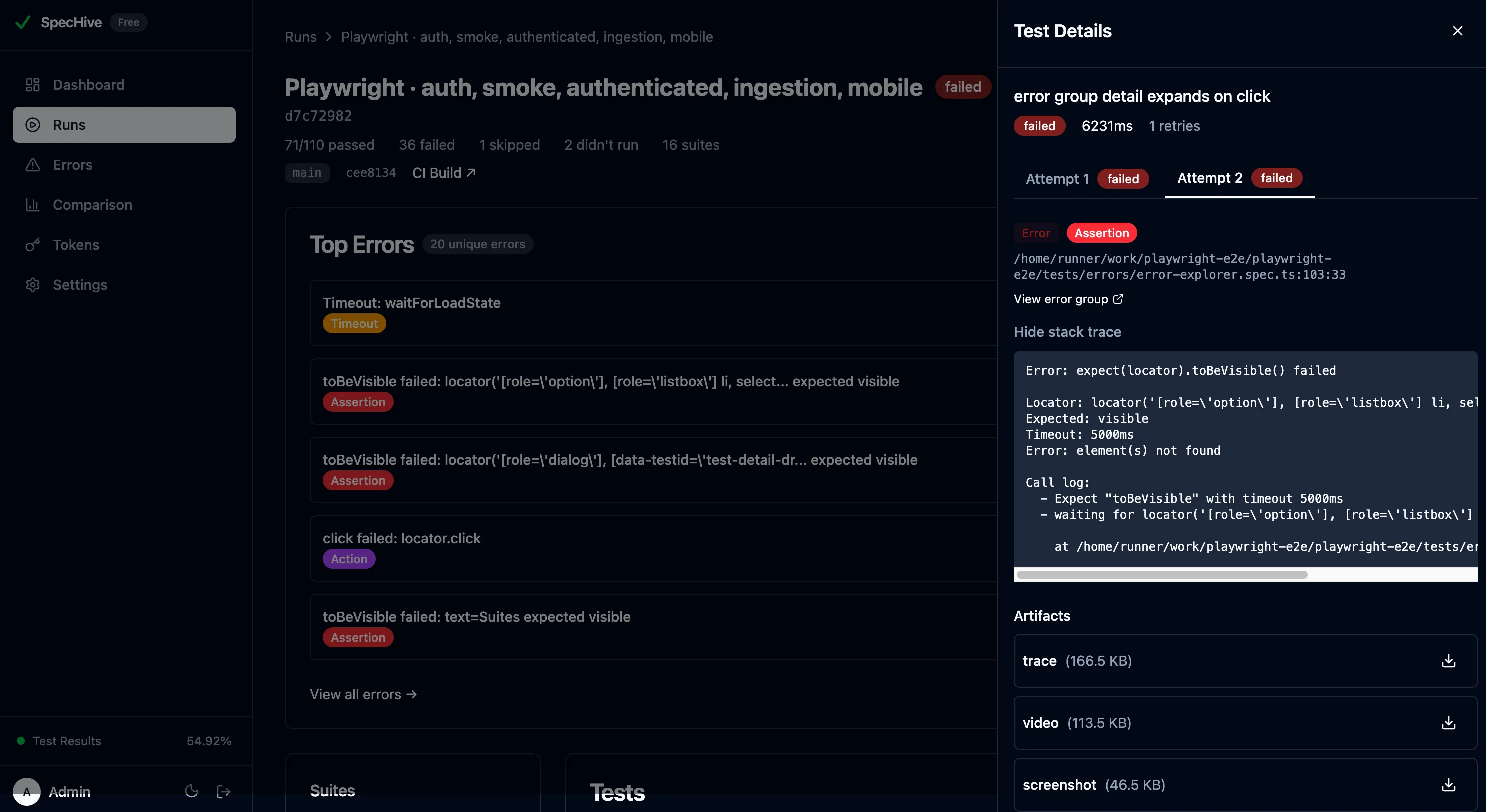 Test detail drawer showing error name, expected vs. actual values, error location, and stack trace