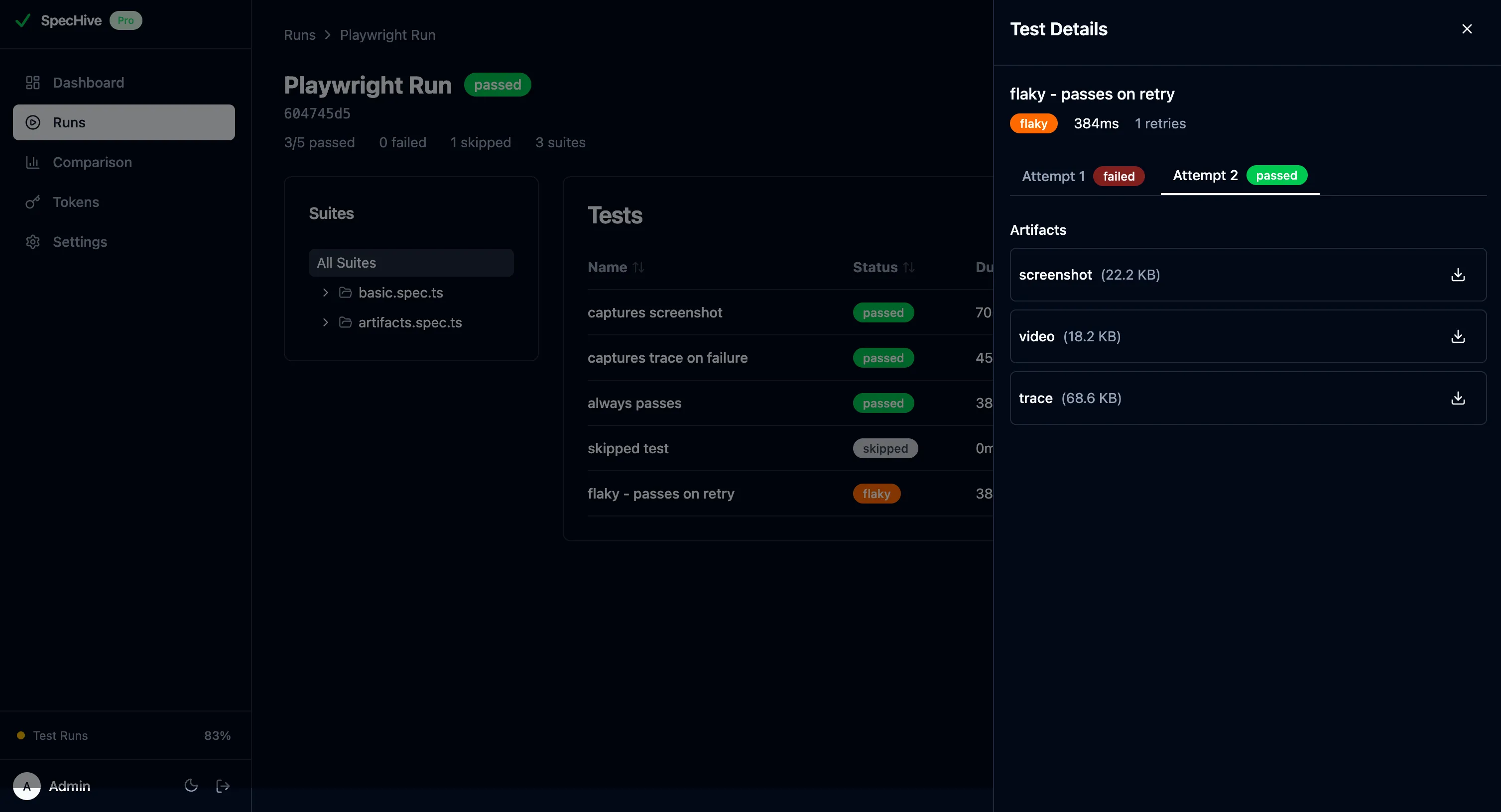 Test detail view with attached screenshot, video, and Playwright trace artifacts